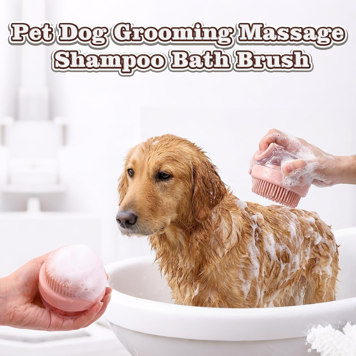Dog Bath Scrubber Brush, 2Pcs Pet Dog Grooming Massage Shampoo Bath Brush with Soap and Shampoo Dispenser Soft Silicone Bristle for Long Short Haired Dogs Cats Shower-Pink
